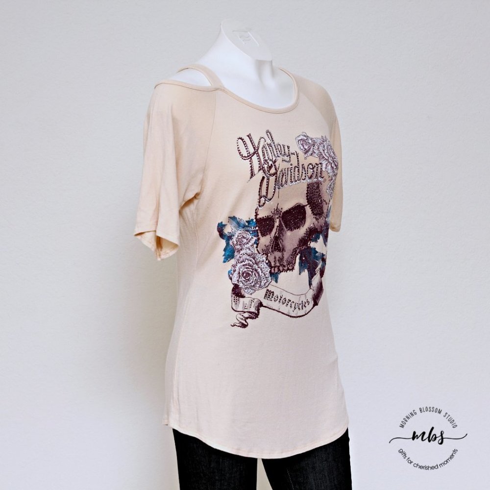 Harley Davidson Rhinestones Rose & Skull Asymmetric Cold Shoulder Top